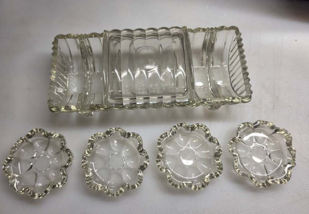 Vintage Pressed Clear Glass Smoking Set With 4 Ashtrays and Holder
